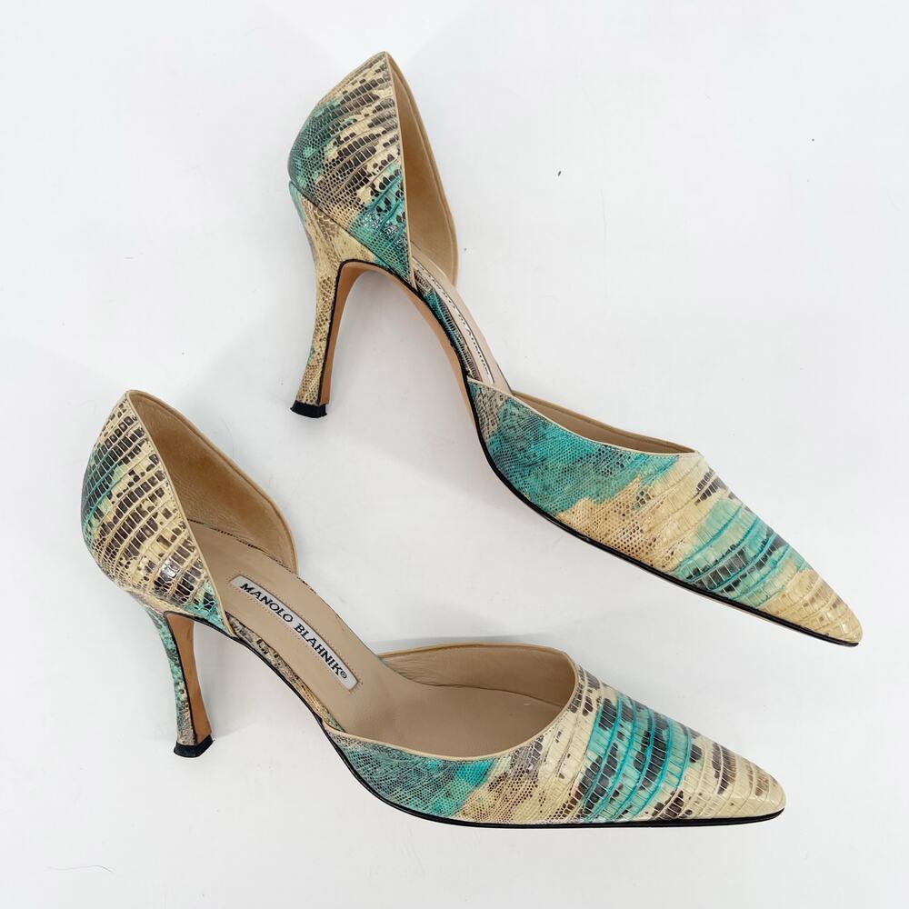 Manolo Balhnik Retro Turquoise Teju Lizard Pointed Toe D'Orsay Heel IT 39.5 - Picture 4 of 11